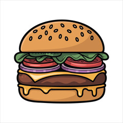 juicy beef burger with fresh lettuce and tomato vector art isolated on white background