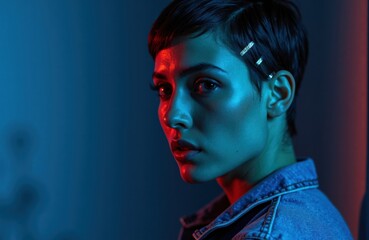 Woman with short hair illuminated by blue and red lighting creating a moody atmosphere