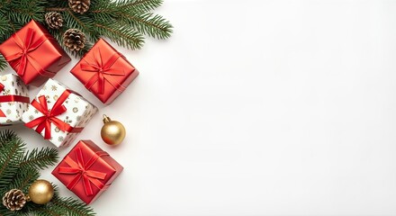 Christmas presents and decorations including red gift boxes gold ornaments and pine branches arranged Isolated on transparent background, png with copy space