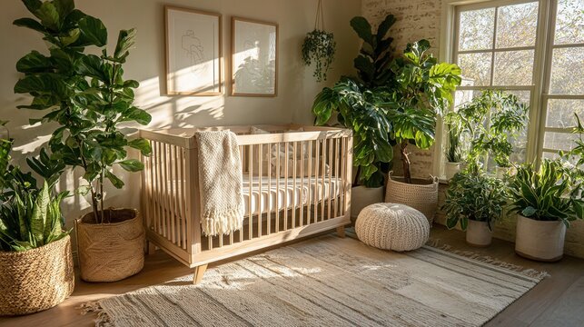 Calming nursery interior with wooden crib lush plants and neutral pale colors cozy baby room