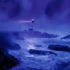 Lighthouse At Night With Purple Ocean Waves