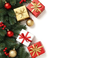 Christmas presents and ornaments with evergreen branches festive holiday background with copy space seasonal decoration Isolated on transparent background, png