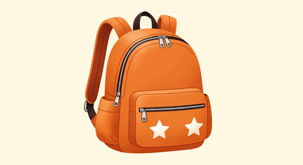 An orange school backpack with two white stars on the front pocket, modern student rucksack vector illustration