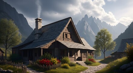 Quaint wooden house with chimney in a serene, vast mountain valley