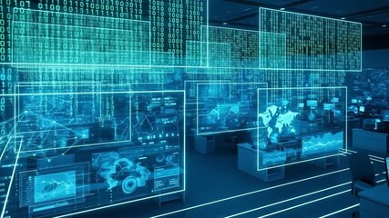 Dynamic Digital Data Flow: Futuristic Server Room with Holographic Interfaces, Binary Code, and Global Network Visualizations - Powered by Adobe
