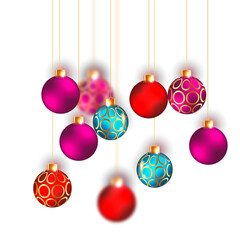 Colorful Hanging Christmas Ornaments with Golden Strings on Black Background