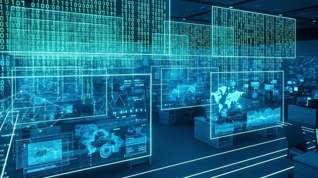 Dynamic Digital Data Flow: Futuristic Server Room with Holographic Interfaces, Binary Code, and Global Network Visualizations - Powered by Adobe