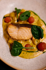 Roasted grilled fish steak on white plate food