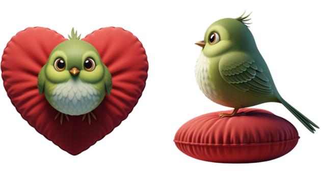  Cute green bird standing on heart pillow isolated on transparent background PNG