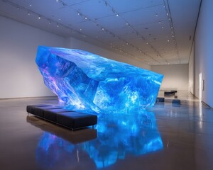 Large Blue Crystal Sculpture Installation In Modern Museum