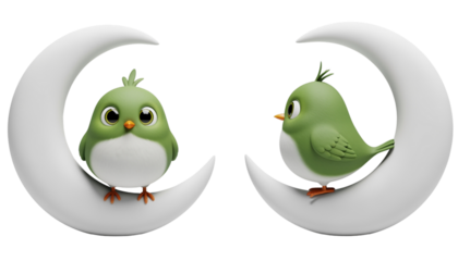 Cute green bird standing on moon crescent isolated on transparent background PNG