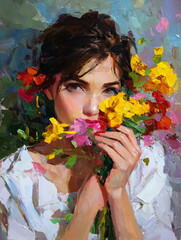 Portrait of a girl with flowers with flowers on her face