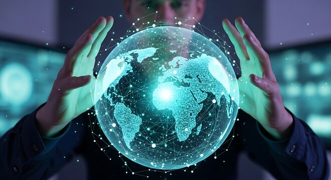 A person's hands interacting with a glowing, holographic digital globe representing global connectivity and data.