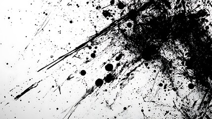Dynamic black ink splatters and streaks creating an abstract design isolated on white background