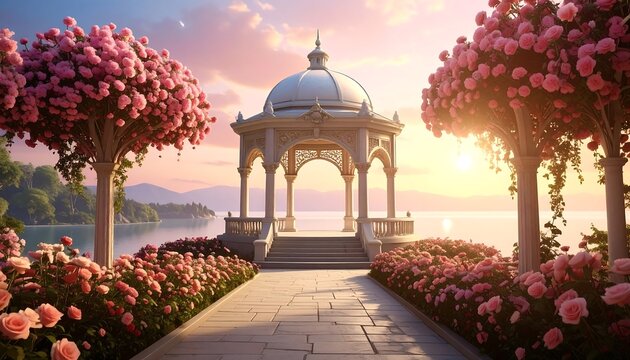 Romantic scene of a gazebo framed by blossoming pink roses leading to a tranquil lake under a beautiful sunset