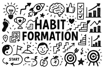 Obraz premium Habit formation doodle with motivation, goal setting, and brain development icons, Transparent Background