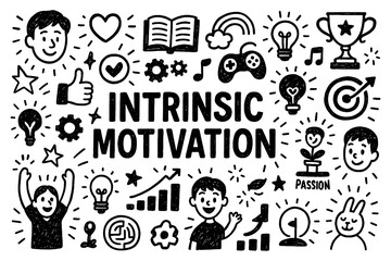 Intrinsic motivation doodle with passion, creativity, and personal growth icons, Transparent Background