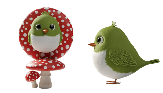 Cute green bird standing on mushroom cap isolated on transparent background PNG
