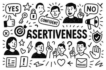 Assertiveness doodle with confident people, communication, and self-expression icons, Transparent Background
