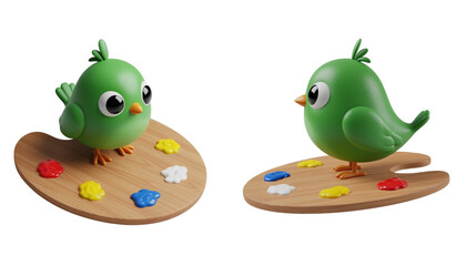 Fototapeta premium Cute green bird standing on paint palette isolated on transparent background PNG