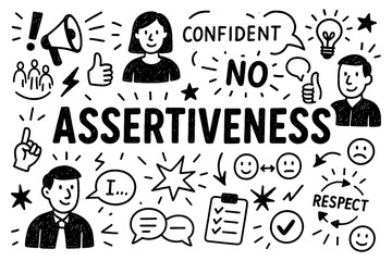 Assertiveness doodle with confident people, communication, and self-expression icons, Transparent Background