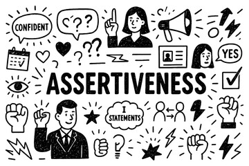 Assertiveness doodle with confident people, communication, and self-expression icons, Transparent Background
