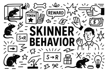 Skinner behavior concept doodle with reinforcement, reward, and punishment icons, Transparent Background