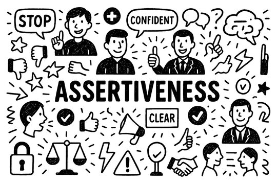 Assertiveness doodle with confident people, communication, and self-expression icons, Transparent Background