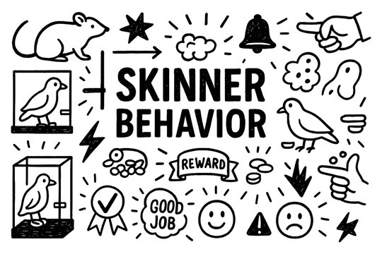 Skinner behavior concept doodle with reinforcement, reward, and punishment icons, Transparent Background