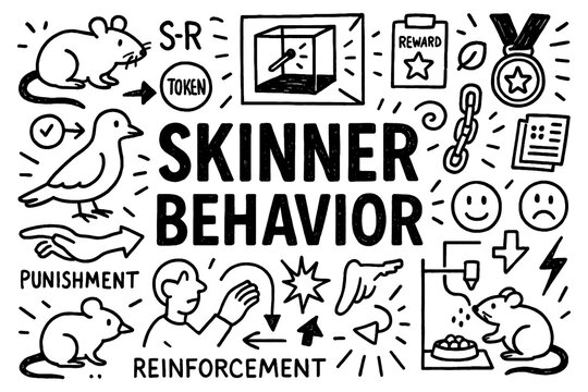 Skinner behavior concept doodle with reinforcement, reward, and punishment icons, Transparent Background