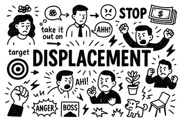 Displacement psychology doodle with angry faces, stress, and emotional transfer concept, Transparent Background