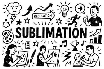Sublimation psychology doodle composition with art, music, and sports activities, Transparent Background