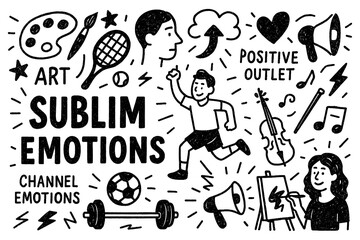 Sublimation psychology doodle composition with art, music, and sports activities, Transparent Background