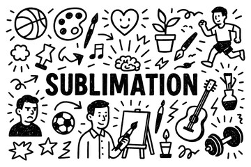 Sublimation psychology doodle composition with art, music, and sports activities, Transparent Background