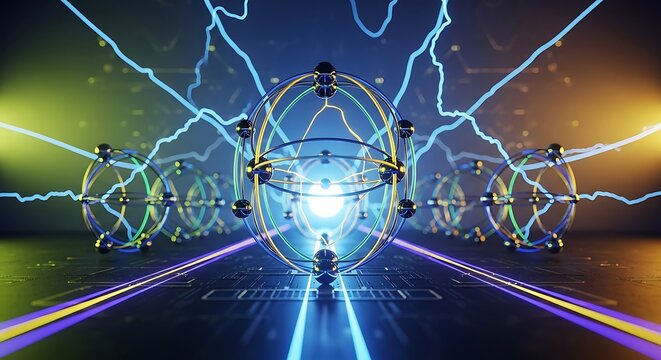 Abstract futuristic technology concept with glowing rings, spheres, and electric arcs on a patterned surface, illuminated by colorful lights.