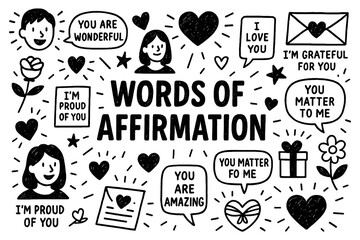 Words of affirmation doodle with motivational quotes, love messages, and positive symbols, Transparent Background