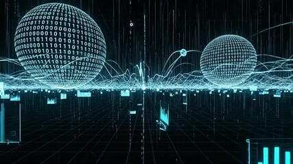 Dynamic Digital Landscape with Binary Code Spheres and Flowing Data Streams Visualizing Global Network Information - Powered by Adobe