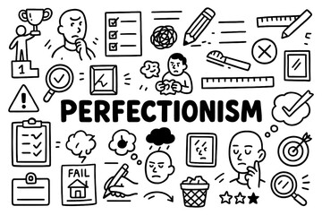 Perfectionism psychology concept with stress, self criticism, and retry cycle symbols in black and white doodle style, Transparent Background