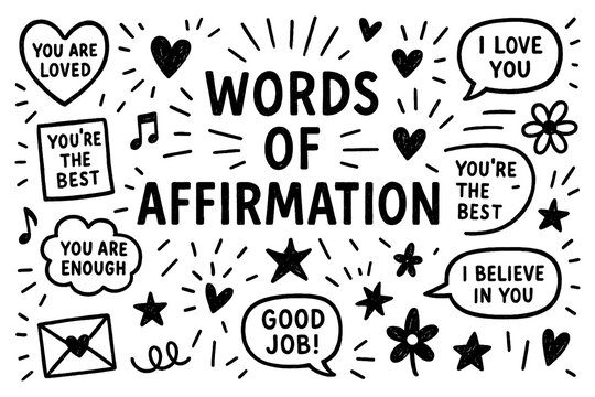 Words of affirmation doodle with motivational quotes, love messages, and positive symbols, Transparent Background