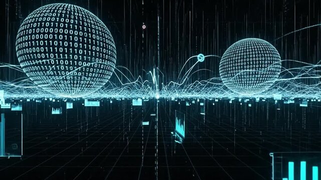 Dynamic Digital Landscape with Binary Code Spheres and Flowing Data Streams Visualizing Global Network Information - Powered by Adobe