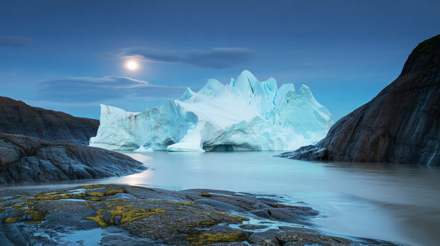 A Dramatic Nighttime Photograph of an Iceberg Under a Moonlight Sky and Rocky Shores