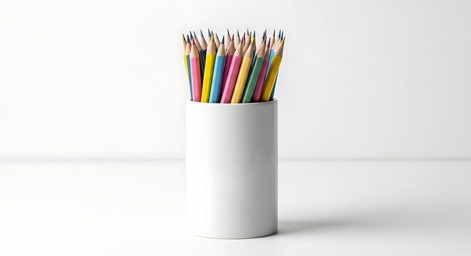 Colorful Pencils in a White Cup on a White Surface.