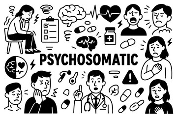 Psychosomatic disorder concept with emotional stress and physical illness symbols in black and white doodle style, Transparent Background