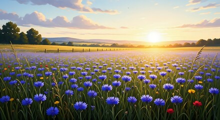 Vibrant blue flowers against a setting sun A beautiful blue background landscape scene