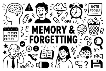 Memory and forgetting psychology concept with brain, time, and recall symbols in black and white doodle style, Transparent Background