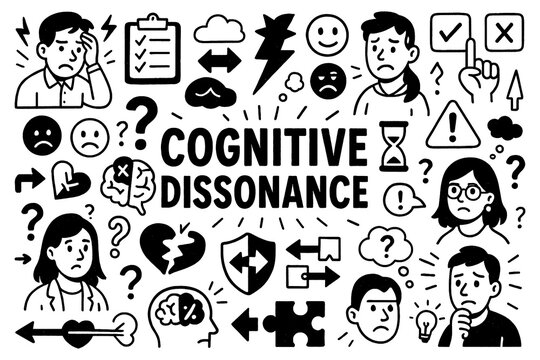 Cognitive dissonance psychology concept with conflicting thoughts and emotional stress symbols in black and white doodle style, Transparent Background