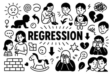 Regression psychology concept with childlike behavior and emotional retreat symbols in black and white doodle style, Transparent Background