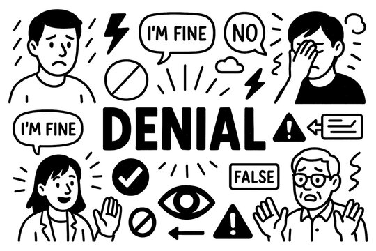 Denial psychology concept with emotional rejection and refusal symbols in black and white doodle style, Transparent Background