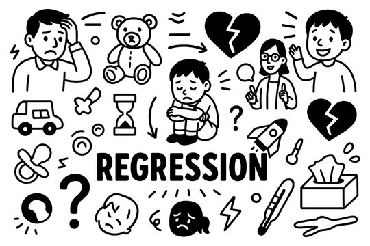 Regression psychology concept with childlike behavior and emotional retreat symbols in black and white doodle style, Transparent Background