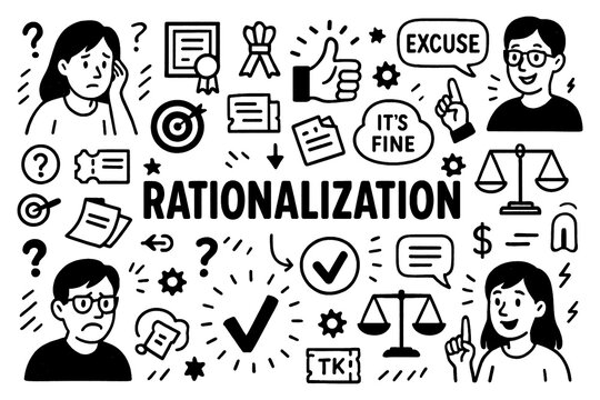 Rationalization psychology concept with excuses and logical justification symbols in black and white doodle style, Transparent Background